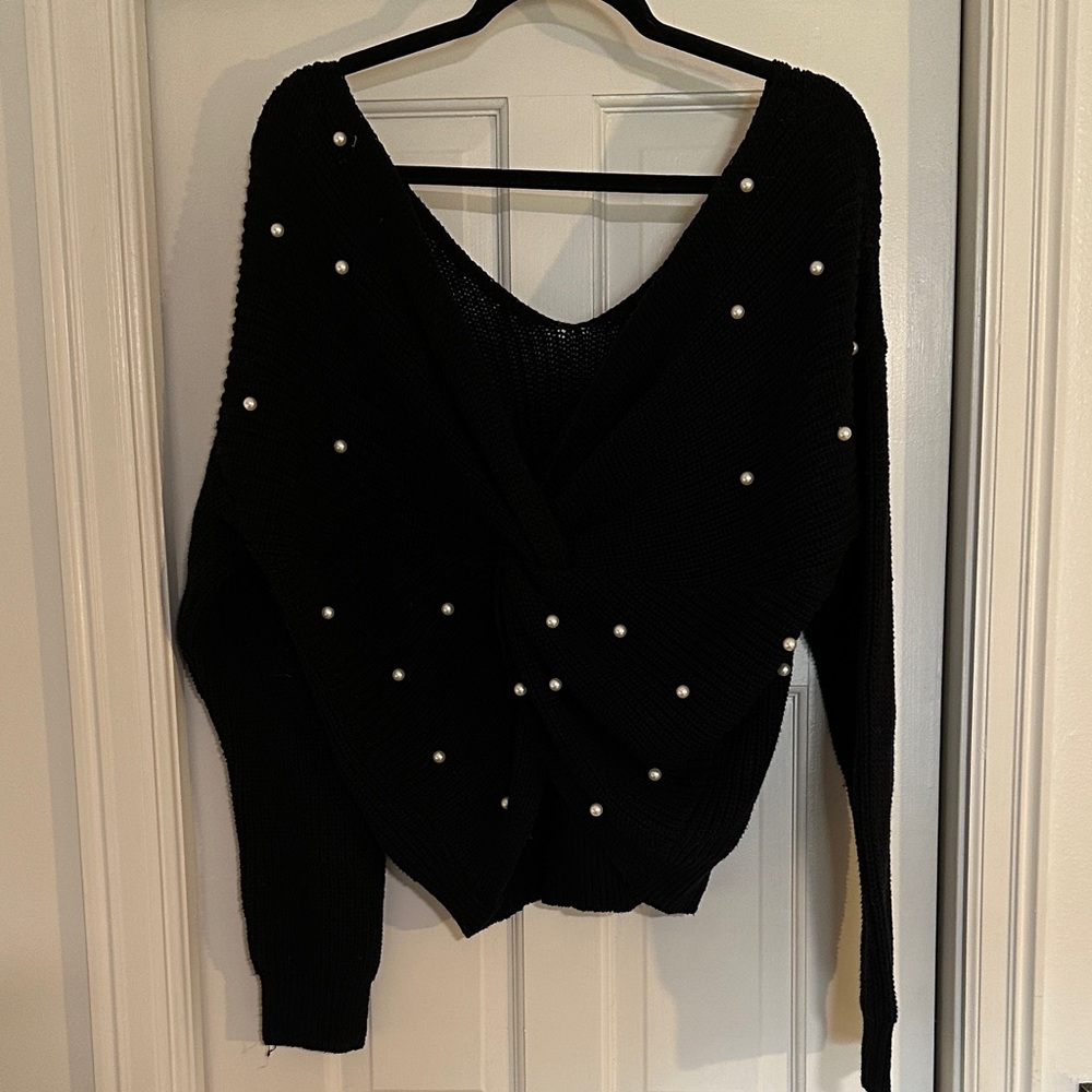 Jessica Simpson Black V-Neck Sweater with Pearl Accents - Picture 3 of 7